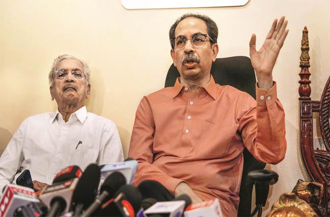Uddhav Thackeray and Subhash Desai during a press conference on Tuesday (Agency).