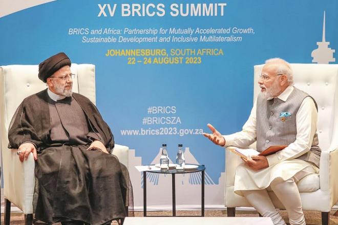 Prime Minister Modi during the BRICS conference  While discussing with the President of Iran, Ibrahim Raisi.Photo. INN
