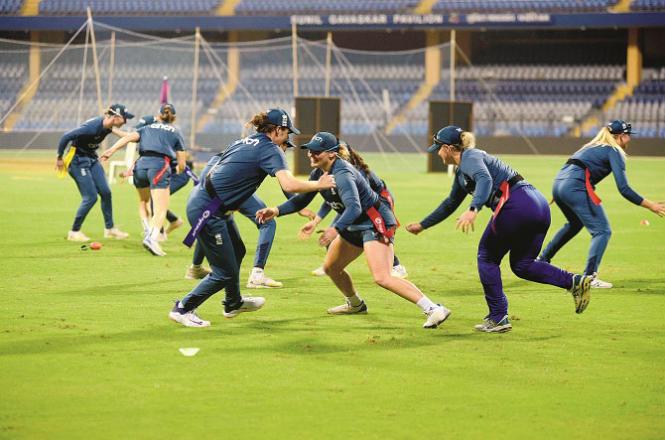 England women`s team players are seen during an evening practice session at the Wankhede Stadium. Photo: Inquilab, Atul Kamble