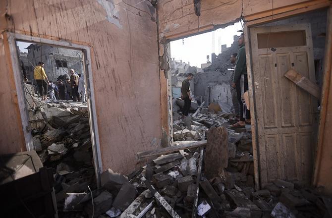 The scene of destruction after Israeli bombardment in Khan Younis refugee camp. Photo: PTI