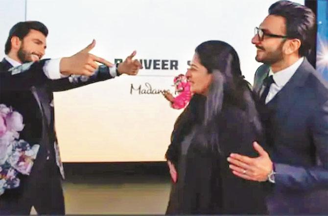 Ranveer Singh with his mother and his wax figure