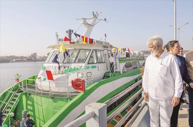 State Minister Dadabhse inaugurates Belapur-Gateway of India Water Taxi. (PTI)