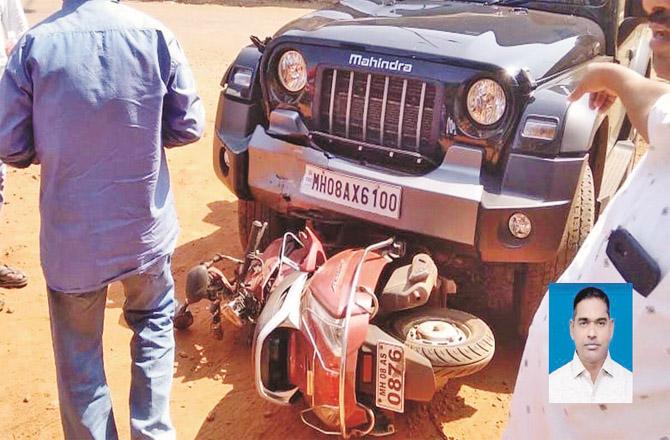 The scooter belonging to journalist Shashikant Warishe (inset) was hit by a UV Thar vehicle