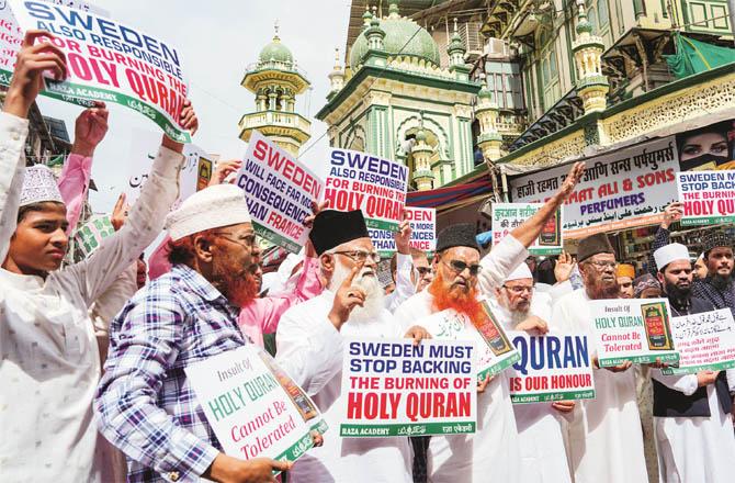 A scene of protest against Sweden outside Minara Mosque. (Photo: PTI)