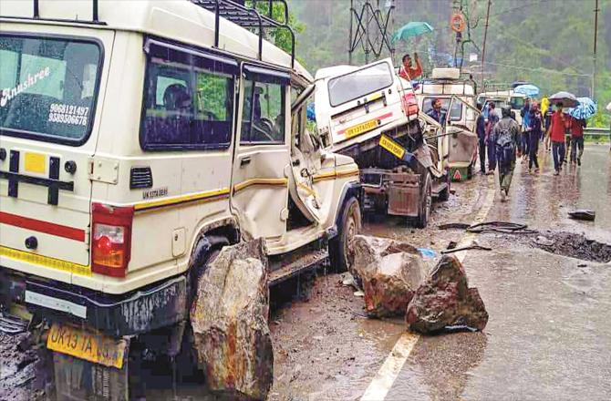 Several vehicles have been damaged due to rockslides in Rudraprayag. (PTI)