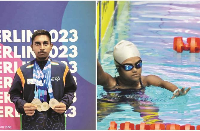 Vishal (left) shows off his medal while an Indian swimmer prepares for the competition