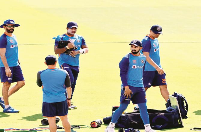 Indian team players are seen during practice at Narendra Modi Stadium. (PTI)