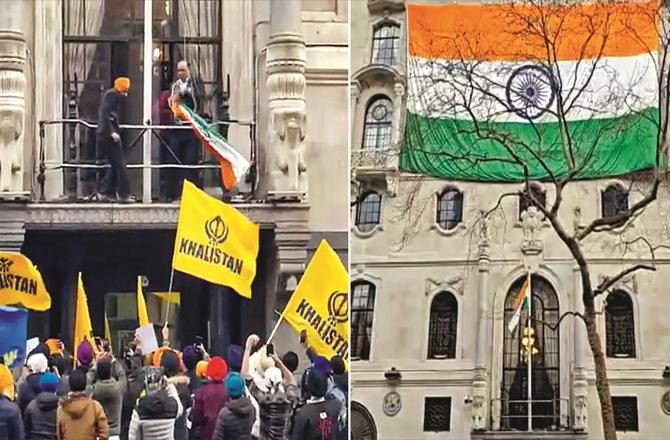 In the first photo, the tricolor is visible on the High Commission, while in the second photo, an attempt to remove it. (PTI)