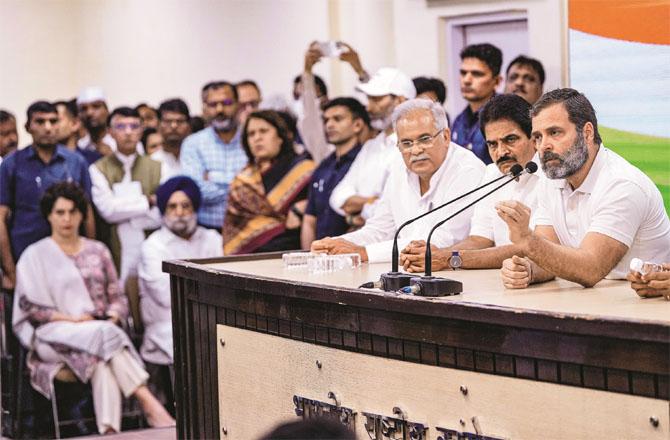 Rahul Gandhi addressing a press conference at the Congress office. Other party leaders can be seen along with him. (PTI)