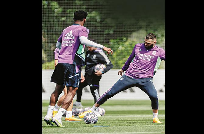 Real Madrid football club players busy in practice before the match