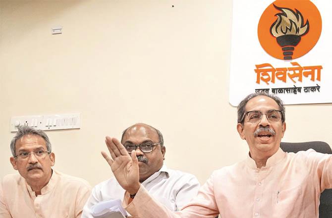 Former Chief Minister Uddhav Thackeray addressing the press conference.(PTI)