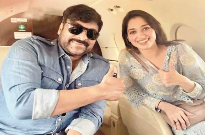 Tamannaah Bhatia and Chiranjeevi can be seen on the plane