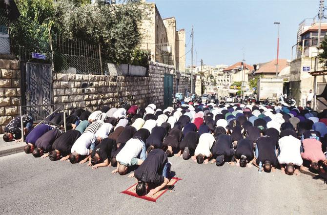 Young people offered Friday prayers on the streets around Al-Aqsa Mosque. Photo: INN
