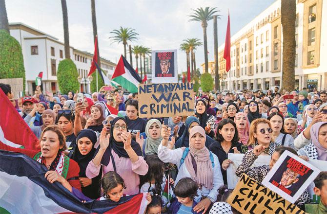 Thousands of women protested against Israel in Rabat, the capital of Arab-African country Morocco. Photo: PTI