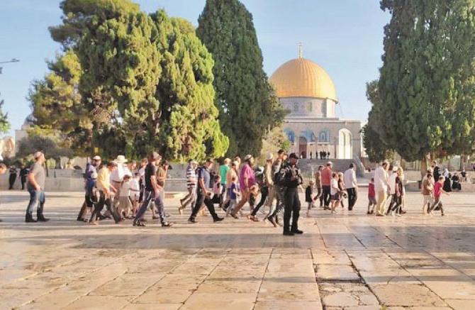 Jewish settlers are seen at Al-Aqsa Mosque during a religious festival. Photo: Agency