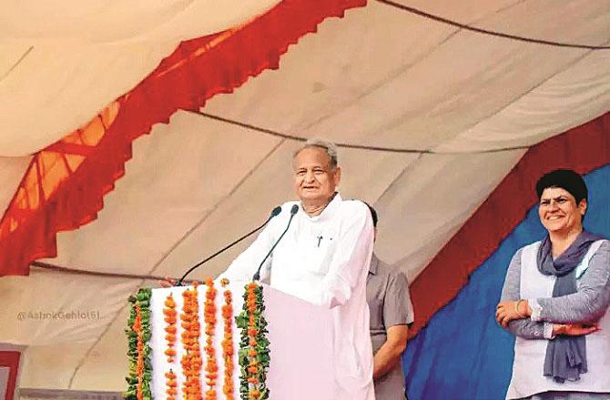 Rajasthan Chief Minister Ashok Gehlot during the speech. Photo: INN