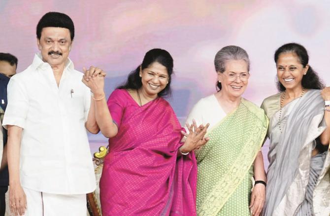 Supriya Slay, Sonia Gandhi, Kanye Mozi and Chief Minister MK Stalin at Women`s Rights Conference held in Chennai. Photo: PTI