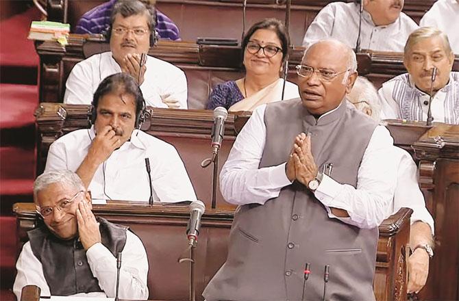 Kharge speaking in the Rajya Sabha.