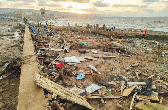 A scene of searching for dead bodies in Derna, Libya. Photo: AP/PTI