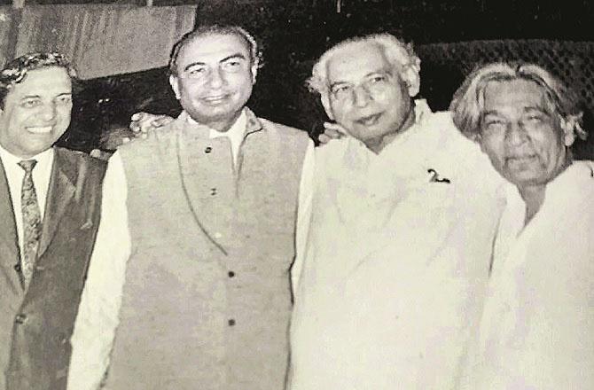 Pictured are (from right) Jan Nisar Akhta,Sajjad Zaheer , Sahir Ludhianvi and Ravi (music composer). Photo: INN