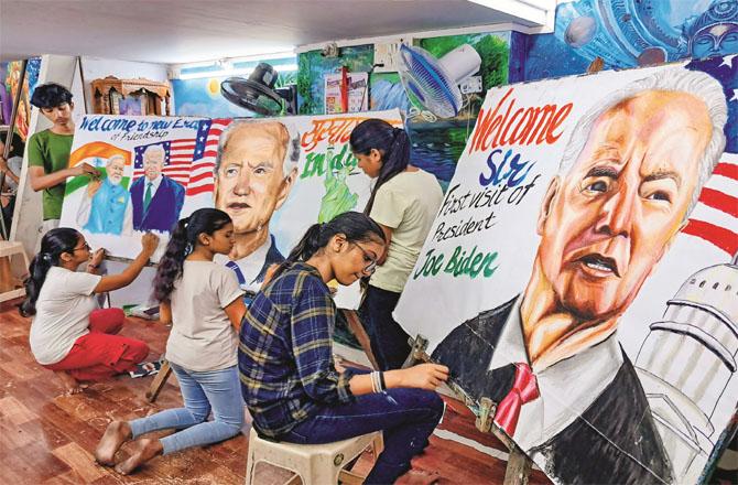 Students making paintings on India-US friendship in Mumbai on the occasion of US President Joe Biden`s visit to India