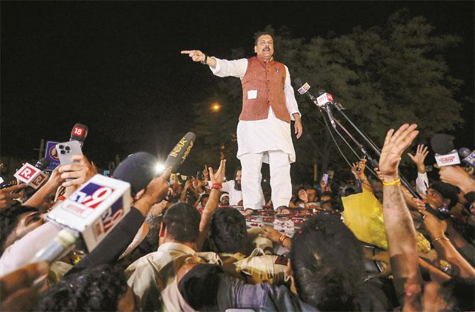 Member of Parliament Sanjay Singh Tihar addressing activists and media after coming out of jail. (PTI)