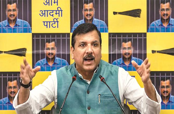 Aam Aadmi Party Member of Parliament Sanjay Singh at a press conference. Photo: PTI