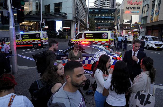 Ambulances and police can be seen outside the shopping centre. Photo: PTI