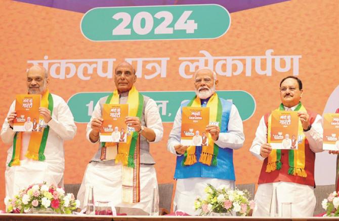 The extent to which Narendra Modi has dominated the BJP can be gauged from the fact that the party named its election manifesto `Modi`s Guarantee`. Photo: INN