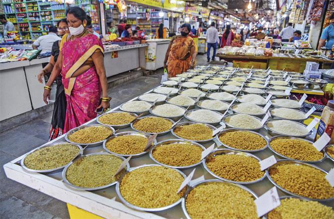 A view of the pulses and other items shop at APMC. Photo: PTI