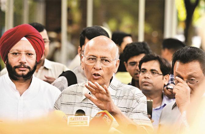 Senior Congress leader Abhishek Manu Singhvi speaking to the media after filing a complaint with the Election Commission. Photo: INN