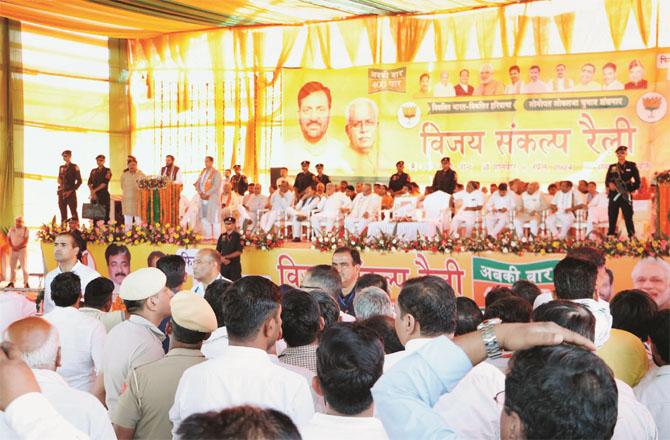 Chief Minister Nayab Singh`s rally at Jaind`s new grain market amid tight security. Photo: INN