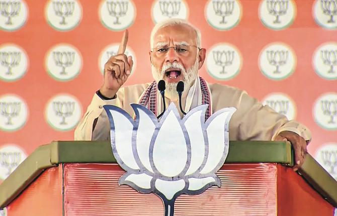 Prime Minister Modi addressing an election rally in Morena. Photo: PTI