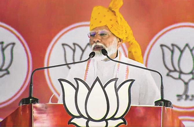 Prime Minister Modi during a rally in Banswara. Photo: PTI.