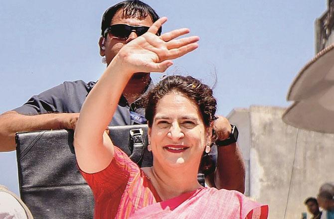 Priyanka Gandhi during a roadshow in Saharanpur. Photo: PTI.