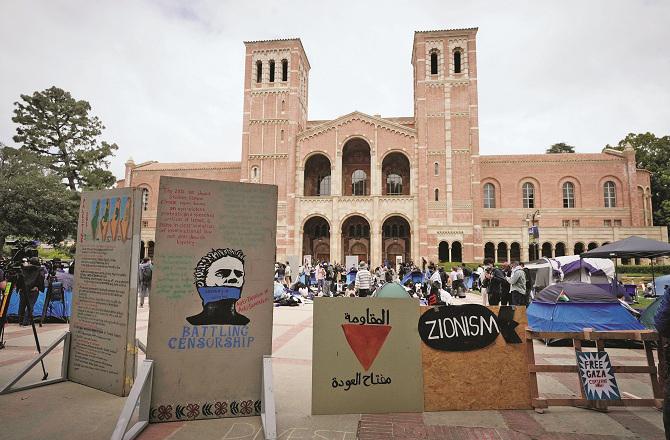 A scene of student protests in support of Palestine at the UCLA campus in Los Angeles. Photo: AP/PTI