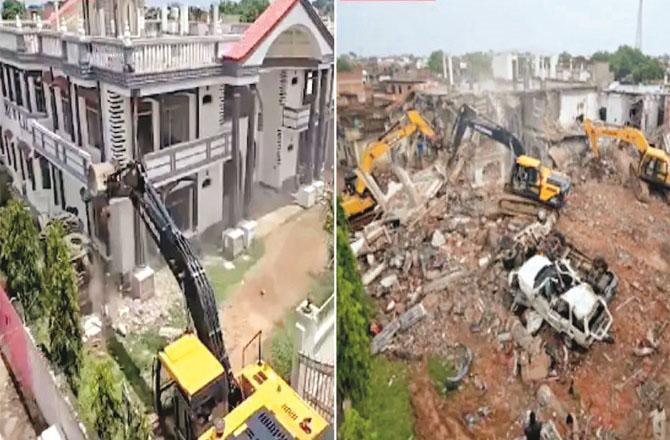 Image taken from video of bulldozer action on Haji Shahzad`s bungalow in Chhatarpur. Photo: INN