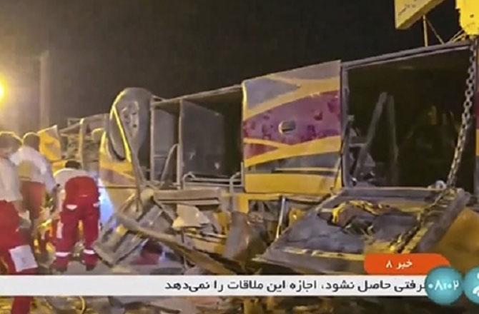 A photo of the bus involved in the accident taken from Iranian television. Photo: PTI