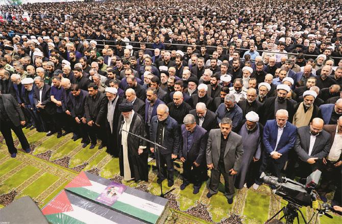 Iran`s Supreme Leader Khamenei performing the funeral prayer of Ismail Haniyeh. Photo: AP, PTI