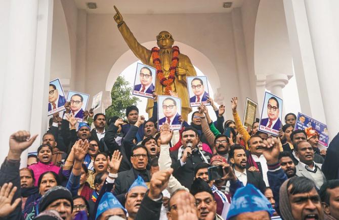 BSP workers protest against Amit Shah in Lucknow. Photo: PTI