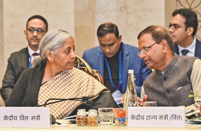 Pankaj Chaudhary and Finance Minister Nirmala Sitharaman during the meeting. Photo: PTI