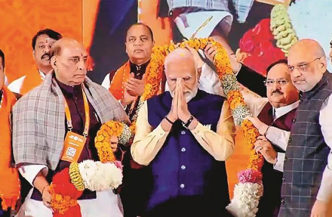 Prime Minister Modi, Home Minister Amit Shah and Defense Minister Rajnath Singh. Photo: PTI
