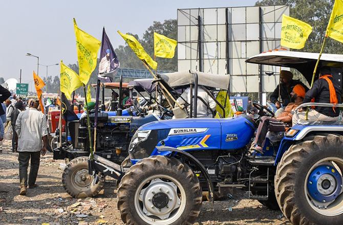 Tractors standing for protest can be seen. Photo: PTI