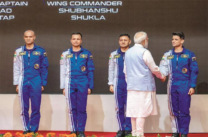 Prime Minister Modi meeting the four astronauts. Photo: PTI