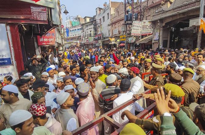 Crowds of worshipers can be seen outside the Gyanvapi Masjid. Photo: PTI