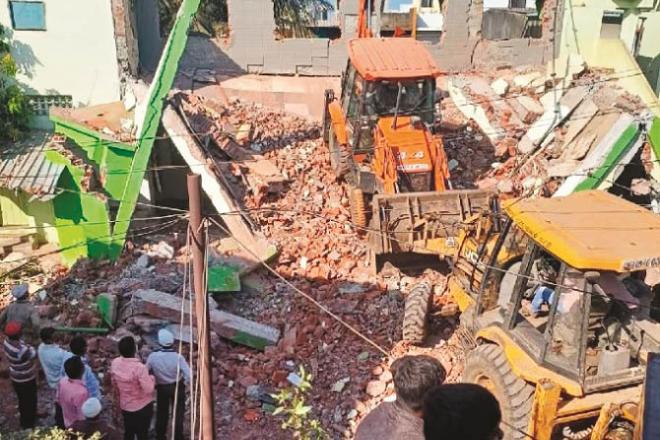 A photo of the demolition of Madrasa Al Anjuman in Laksh Tirth Colony in Kolhapur. Photo: INN