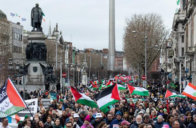 Pro-Palestinian protesters on a street in Dublin. Photo: X