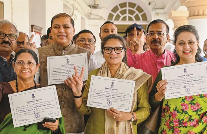 Sigarika Ghosh, Sushmata Dev and Mamata Bala Thakur after being elected Rajya Sabha members. Photo: INN