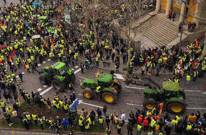 Farmers protest on the streets of Madrid, Spain. Photo: PTI