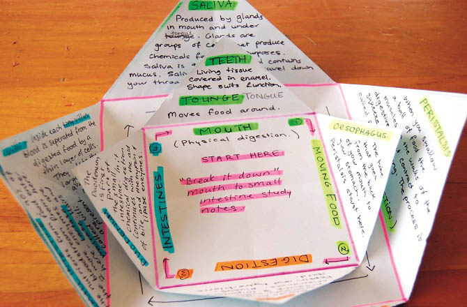 دی اسٹڈی اسٹار (The Study Star)کاغذ کے ایک ٹکڑے کو &rsquo;&rsquo;تارے&lsquo;&lsquo; (اسٹار) کی شکل میں کاٹ لیجئے۔ جو کانسپٹ یا جواب آپ کو مشکل معلوم ہوں، ان کے مختلف اہم نکات ستارے کے مختلف حصوں پر لکھ لیجئے، اور انہیں ہمیشہ اپنے ساتھ رکھئے۔ ان پر وقتاً فوقتاً نظر ڈالئے۔ سفر میں ہوں یا کوئی اور کام کررہے ہوں، جب بھی خالی وقت ملے، اسٹار نکال کر دیکھ لیجئے۔ آپ مختلف سوالوں کے اسٹارز بنا کر اپنے پاس محفوظ رکھ سکتے ہیں۔ اگر یہ کام تعلیمی سال کے آغاز ہی سے ہو تو امتحان آنے تک آپ کو مشکل سے مشکل جوابات بھی یاد ہوچکے ہوں گے، اور پرچہ سے ایک دن قبل صرف اسٹار پر نظر ثانی کرنی ہوگی۔